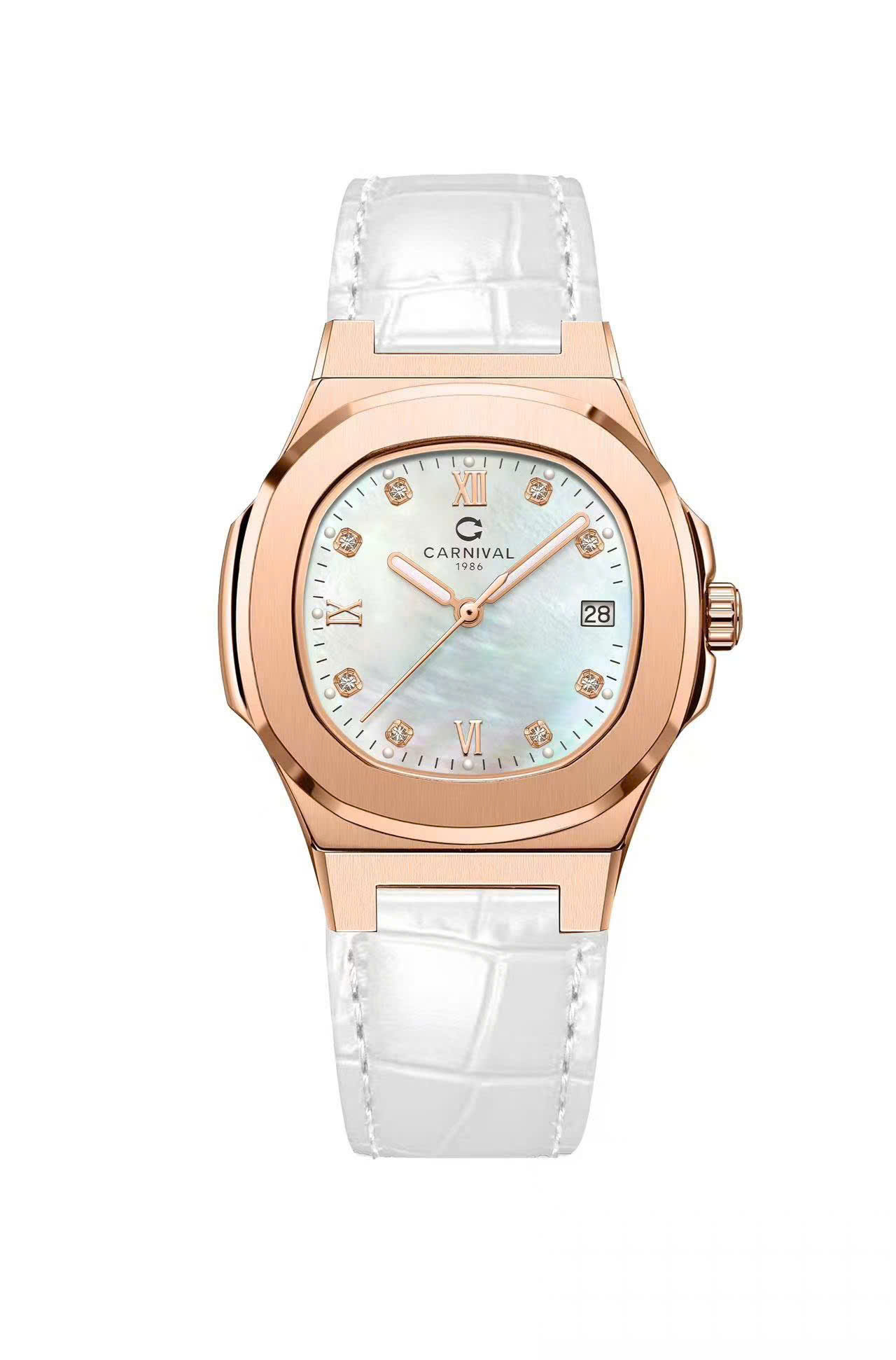 ĐỒNG HỒ NỮ CARNIVAL 8160L VH DD TK QUARTZ 34MM ( XÀ CỪ TRẮNG - DÂY DA TRẮNG )