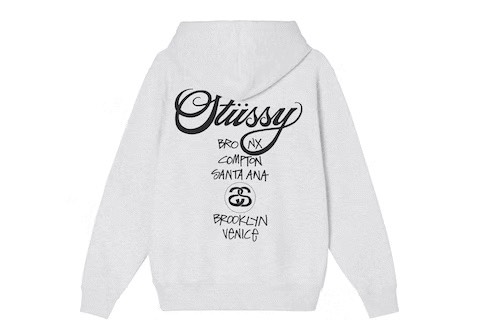 STUSSY WORLD TOUR ZIP HOODIE - ASH HEATHER